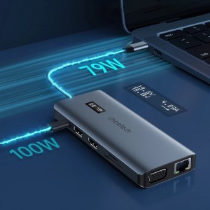 Choetech multifunkcionális HUB kijelzővel 12in1 USB-C to USB-C / USB-A / HDMI / VGA / AUX / SD / TF szürke (HUB-M26)