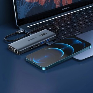 Choetech multifunkcionális HUB kijelzővel 12in1 USB-C to USB-C / USB-A / HDMI / VGA / AUX / SD / TF szürke (HUB-M26)