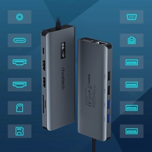 Choetech multifunkcionális HUB kijelzővel 12in1 USB-C to USB-C / USB-A / HDMI / VGA / AUX / SD / TF szürke (HUB-M26)