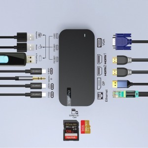 HUB Choetech M52 USB-C - USB-C PD/USB-C/USB-A/HDMI/VGA/DP/SD/TF/RJ45/AUX - szürke