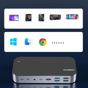 HUB Choetech M52 USB-C - USB-C PD/USB-C/USB-A/HDMI/VGA/DP/SD/TF/RJ45/AUX - szürke