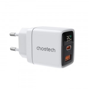 Choetech PD6052 USB-C USB-A PD 35W GaN hálózati töltő kijelzővel - fehér