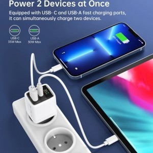 Choetech PD6052 USB-C USB-A PD 35W GaN hálózati töltő kijelzővel - fehér