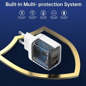 Choetech PD6052 USB-C USB-A PD 35W GaN hálózati töltő kijelzővel - fehér