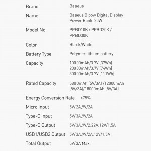 Baseus Bipow gyors töltésű power bank 10000mAh 20W fehér (Overseas Edition) + USB-A - Micro USB kábel 0.25m fehér (PPBD050502)-1