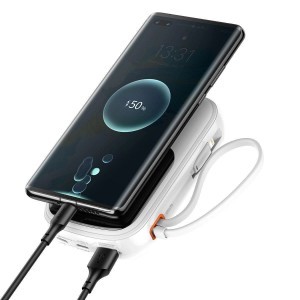 Baseus Qpow digitális kijelzős power bank gyors töltéssel 20000mAh 20W QC/PD/SCP/FCP beépített Lightning kábellel Fehér