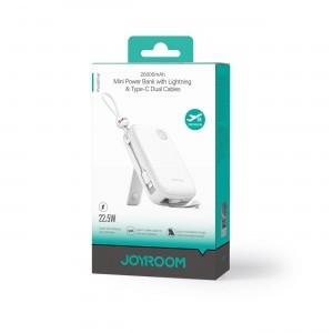 Powerbank Joyroom JR-L008 Plus Cutie Series 22,5W 20000mAh állvánnyal + USB-A - USB-C kábel - fehér