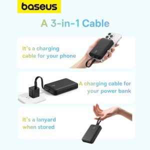 Baseus Magnetic Mini MagSafe 10000mAh 20W powerbank beépített Lightning kábellel - fekete + Baseus Simple Series USB-C - USB-C 60W 0.3m kábel-1