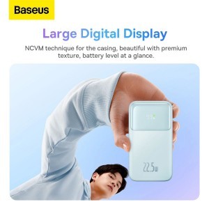 Baseus Comet Series powerbank kijelzővel 10000mAh 22.5W - kék + USB-A - USB-C kábel 0.3m - fehér