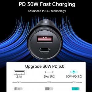 Choetech TC0014 USB-C USB-A PD 60W autós töltő LED háttérvilágítással - fekete