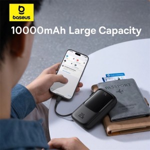 Baseus Qpow Pro+ 10000mAh 22.5W powerbank beépített USB-C kábellel és kijelzővel - fekete