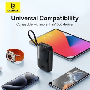 Baseus Qpow Pro+ 10000mAh 22.5W powerbank beépített USB-C kábellel és kijelzővel - fekete