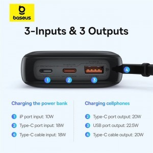 Baseus Qpow Pro+ 10000mAh 22.5W powerbank beépített USB-C kábellel és kijelzővel - fekete