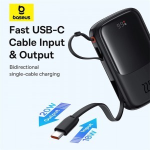 Baseus Qpow Pro+ 10000mAh 22.5W powerbank beépített USB-C kábellel és kijelzővel - fekete