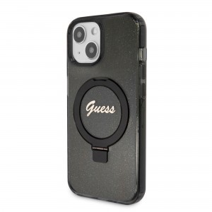 Guess IML Ring Stand Glitter MagSafe tok iPhone 15 Fekete