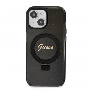 Guess IML Ring Stand Glitter MagSafe tok iPhone 15 Fekete