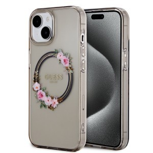 Guess PC/TPU Flowers Ring Glossy Logo MagSafe tok iPhone 15 fekete