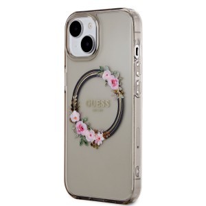 Guess PC/TPU Flowers Ring Glossy Logo MagSafe tok iPhone 15 fekete