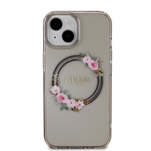 Guess PC/TPU Flowers Ring Glossy Logo MagSafe tok iPhone 15 fekete