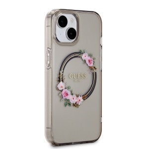 Guess PC/TPU Flowers Ring Glossy Logo MagSafe tok iPhone 15 fekete