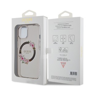 Guess PC/TPU Flowers Ring Glossy Logo MagSafe tok iPhone 15 fekete