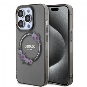 Guess PC/TPU Flowers Ring Glossy Logo MagSafe tok iPhone 15 Pro Max fekete