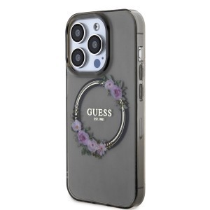 Guess PC/TPU Flowers Ring Glossy Logo MagSafe tok iPhone 15 Pro Max fekete