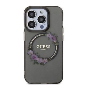 Guess PC/TPU Flowers Ring Glossy Logo MagSafe tok iPhone 15 Pro Max fekete