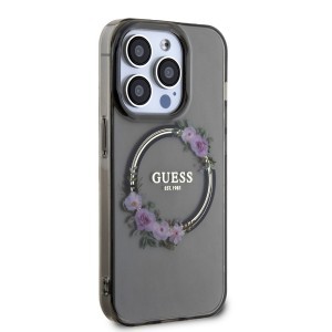 Guess PC/TPU Flowers Ring Glossy Logo MagSafe tok iPhone 15 Pro Max fekete