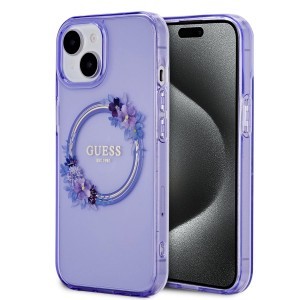 Guess PC/TPU Flowers Ring Glossy Logo MagSafe tok iPhone 15-höz Lila