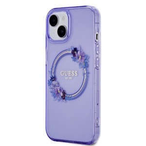 Guess PC/TPU Flowers Ring Glossy Logo MagSafe tok iPhone 15-höz Lila