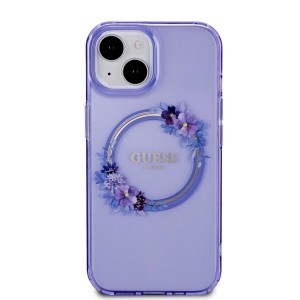 Guess PC/TPU Flowers Ring Glossy Logo MagSafe tok iPhone 15-höz Lila