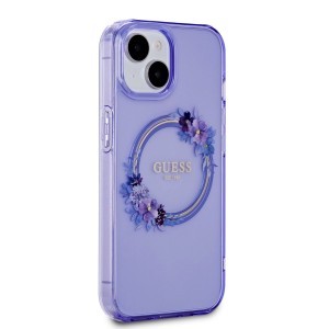 Guess PC/TPU Flowers Ring Glossy Logo MagSafe tok iPhone 15-höz Lila