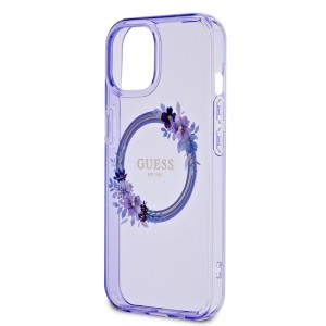 Guess PC/TPU Flowers Ring Glossy Logo MagSafe tok iPhone 15-höz Lila