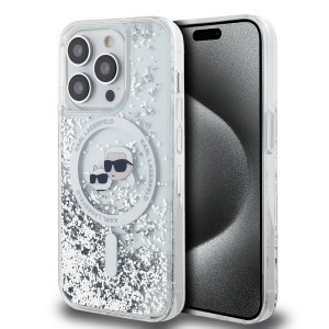 Karl Lagerfeld Liquid Glitter Karl and Choupette Heads MagSafe tok iPhone 14 Pro Transparent