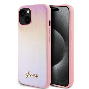 Guess PU Bőr Iridescent Metal Script iPhone 15 tok Rózsaszín