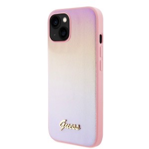 Guess PU Bőr Iridescent Metal Script iPhone 15 tok Rózsaszín