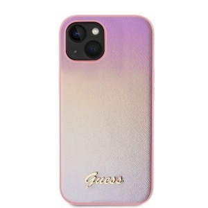 Guess PU Bőr Iridescent Metal Script iPhone 15 tok Rózsaszín