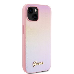 Guess PU Bőr Iridescent Metal Script iPhone 15 tok Rózsaszín