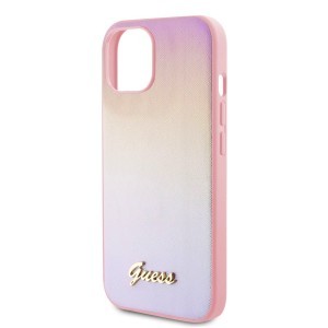 Guess PU Bőr Iridescent Metal Script iPhone 15 tok Rózsaszín