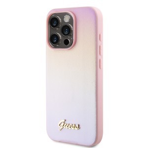 Guess PU bőr Iridescent Metal Script tok iPhone 15 Pro Pink