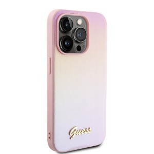 Guess PU bőr Iridescent Metal Script tok iPhone 15 Pro Pink