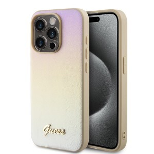 Guess PU Bőr Iridescent Metal Script tok iPhone 15 Pro Gold