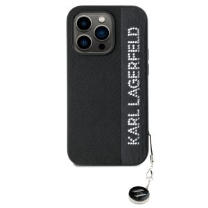 Karl Lagerfeld PU Saffiano Rhinestone Charm tok iPhone 14 Pro fekete