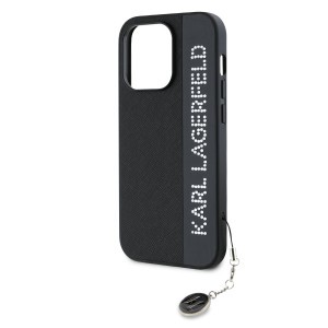 Karl Lagerfeld PU Saffiano Rhinestone Charm tok iPhone 14 Pro fekete