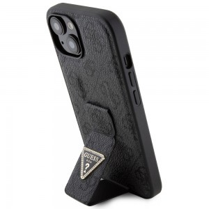 Guess PU Grip Stand 4G Strass Triangle Metal Logo tok iPhone 15-höz Fekete