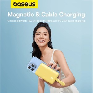 Baseus Magnetic Mini MagSafe 10000mAh 20W powerbank beépített Lightning kábellel - sárga + Baseus Simple Series USB-C - USB-C 60W 0.3m kábel