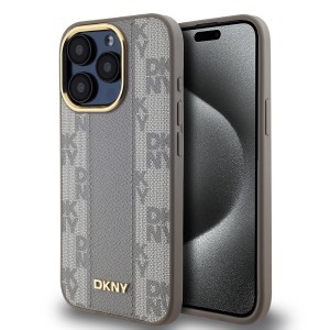 DKNY PU bőr kockás mintás Magsafe tok iPhone 15 Pro Max készülékhez bézs