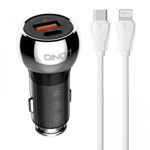 LDNIO C1 USB, USB-C Autós töltő + USB-C - Lightning kábel