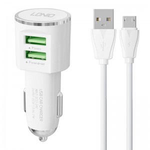 LDNIO DL-C29 autós töltő, 2x USB, 3.4A + Micro USB kábel (fehér)